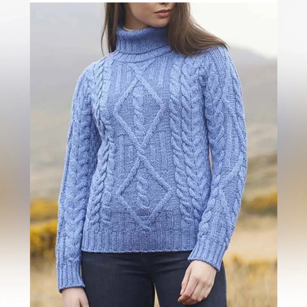Aran Mor Merino Wool Turtleneck Sweater Made in Ireland Size L chunky cable knit - Picture 2 of 7